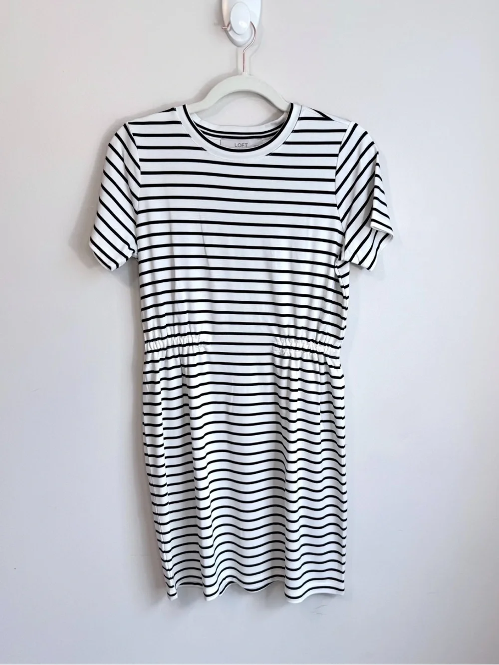 NWT LOFT Black and White Stripe Gathered Waist Mini Tee Dress Size Small Petite